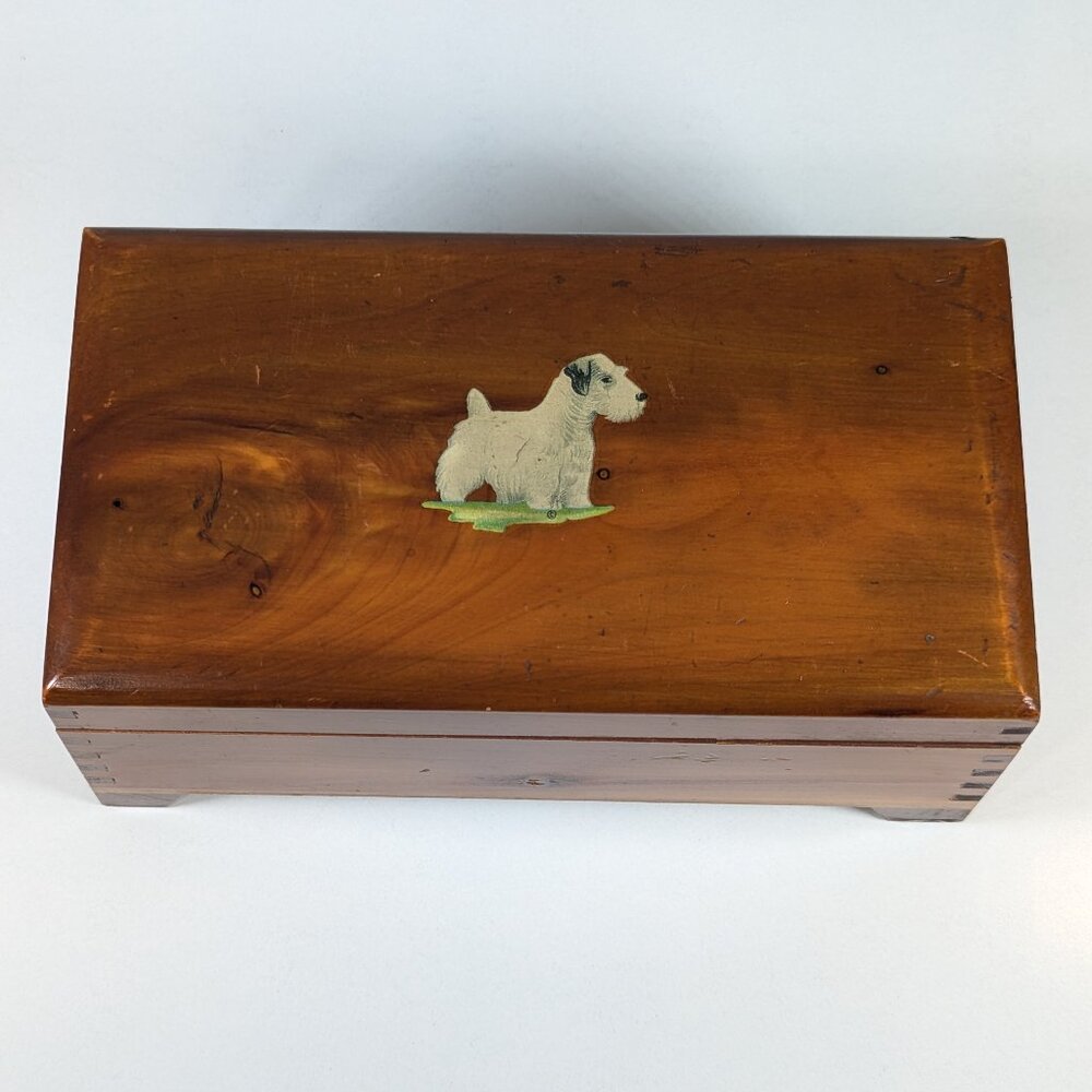 Vintage 1940s wooden desk storage box with Terrier Dog on lid, cigar storage box